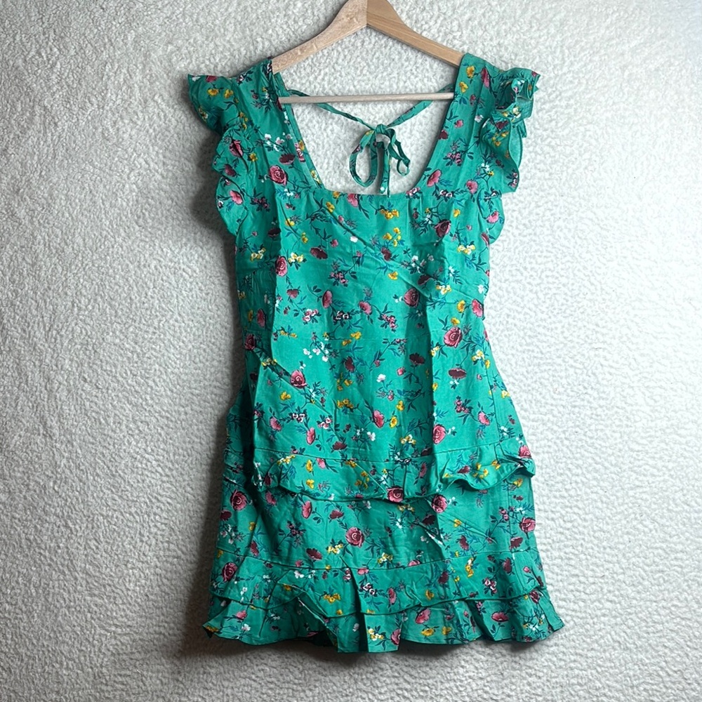NWT Lottie & Holly Womens Green Floral Ruffle Tiered Mini Dress S SMALL